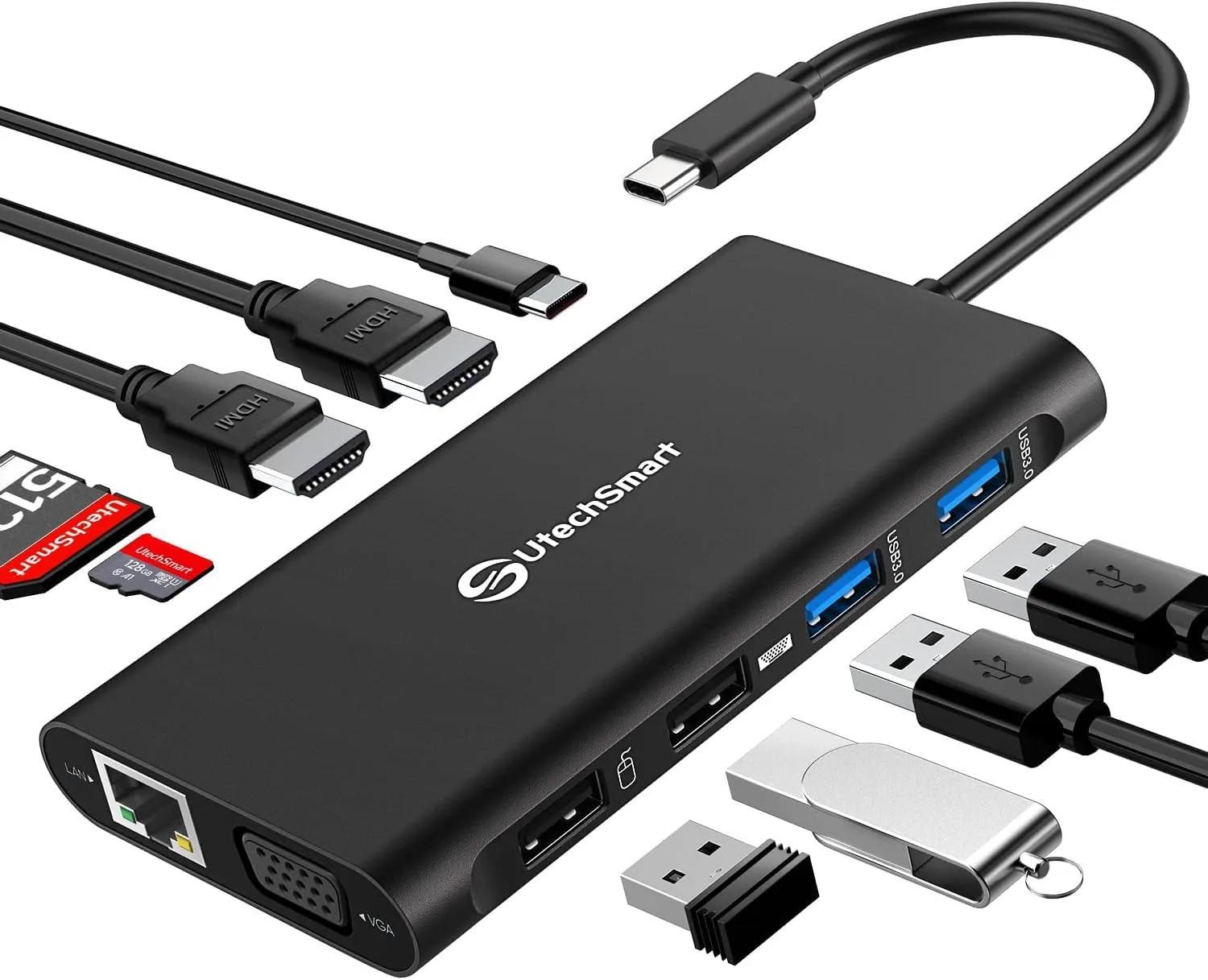 UtechSmart Docking Station, Triple Monitors USB C Laptop Docking Station, 11-1 USB C Dock with 2 HDMI, VGA, PD3.0, SD TF Card Slot, 4 USB Ports USB-C Adapter Compatible for MacBook & Windows(Black)