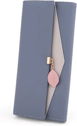 UTO RFID Wallet for Women PU Leather Leaf Pendant Card Holder Phone Checkbook Organizer Zipper Coin Purse