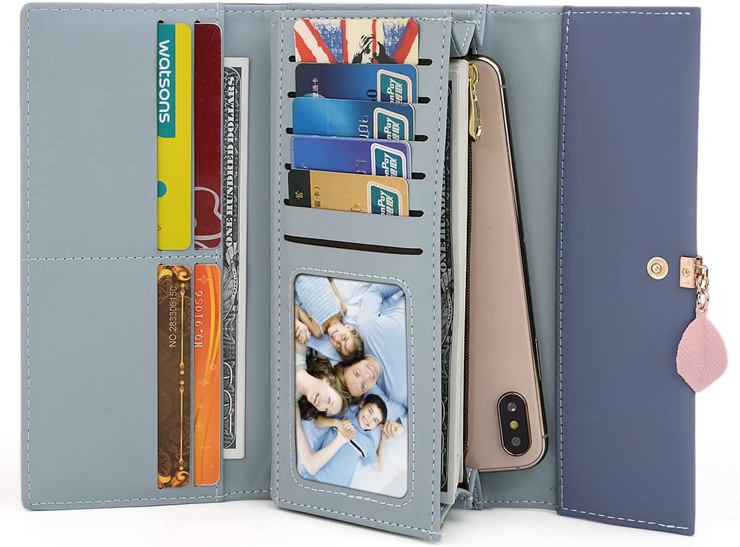 UTO RFID Wallet for Women PU Leather Leaf Pendant Card Holder Phone Checkbook Organizer Zipper Coin Purse