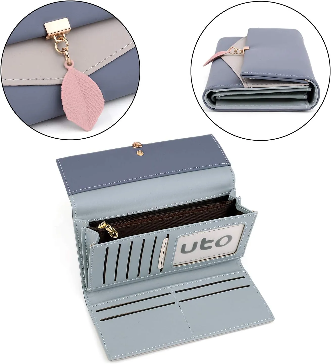 UTO RFID Wallet for Women PU Leather Leaf Pendant Card Holder Phone Checkbook Organizer Zipper Coin Purse