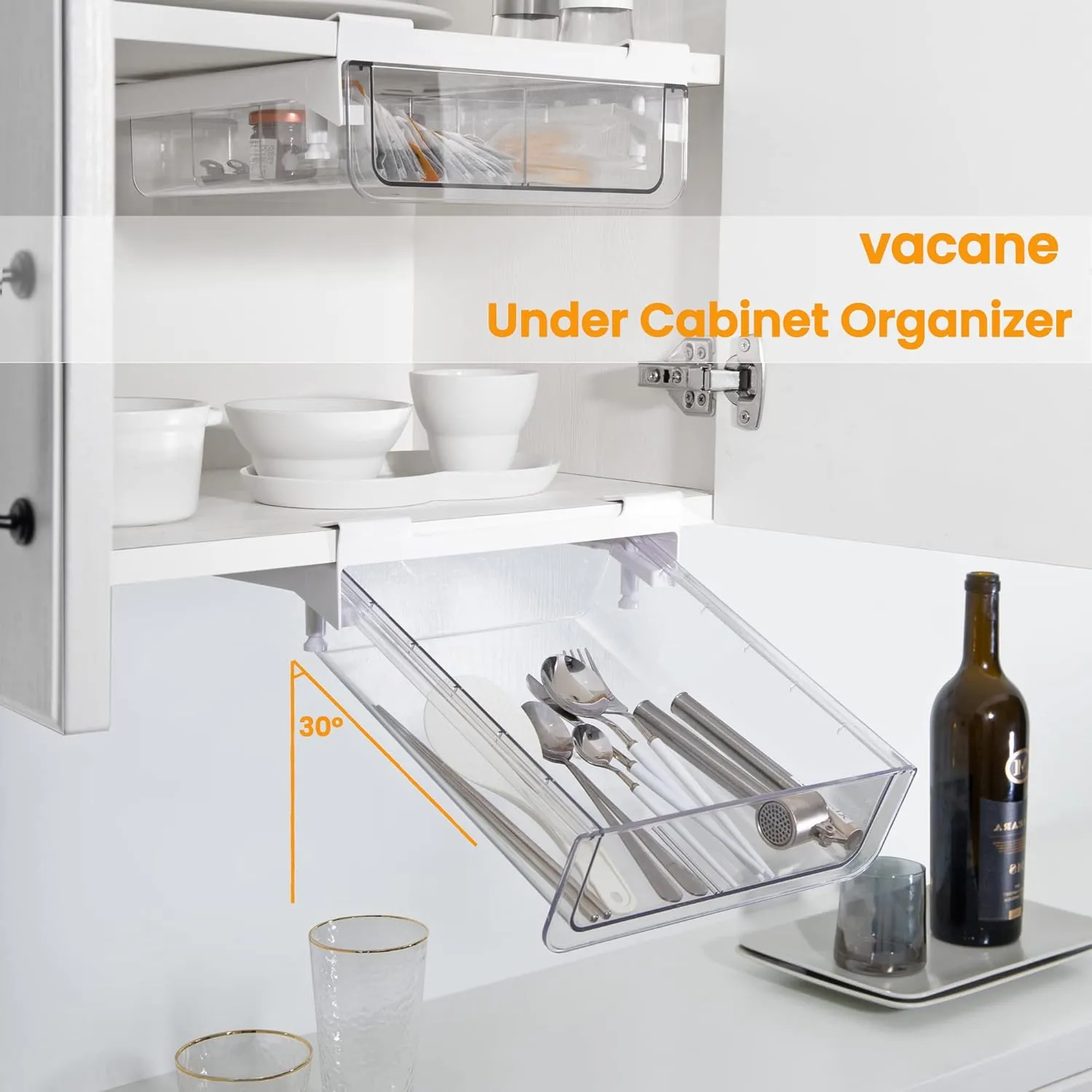 vacane Kitchen Organizer,Under Shelf Pull Out Drawer with Divider,Pantry Drawer Under Cabinet Shelf Coffee Hanging Storage