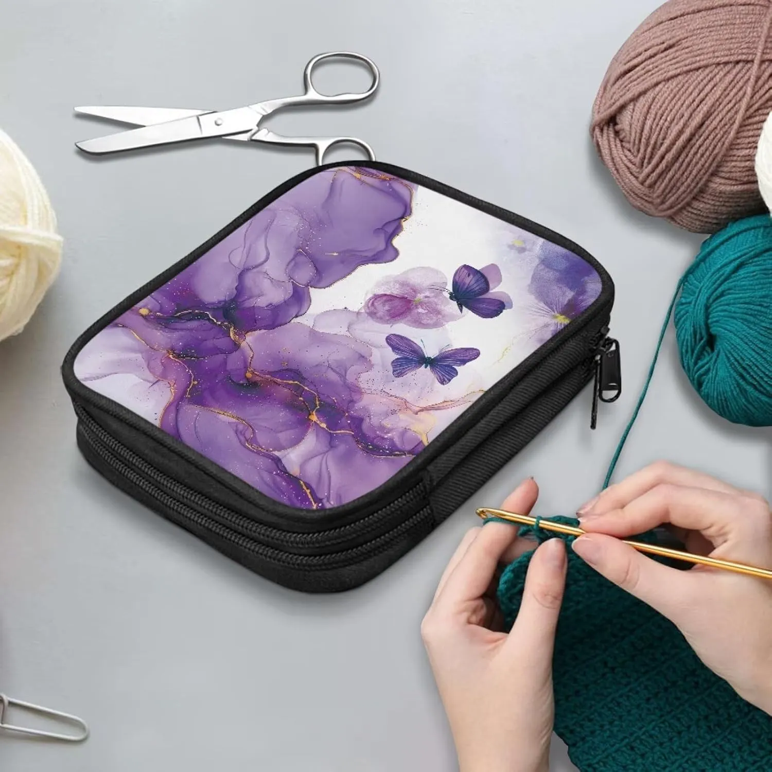 Vanideaoty Butterfly Crochet Hook Case Portable Marble Crochet Hook Organizer Without Hooks and Accessories Crochet Storage Organizer for Airports and Parks