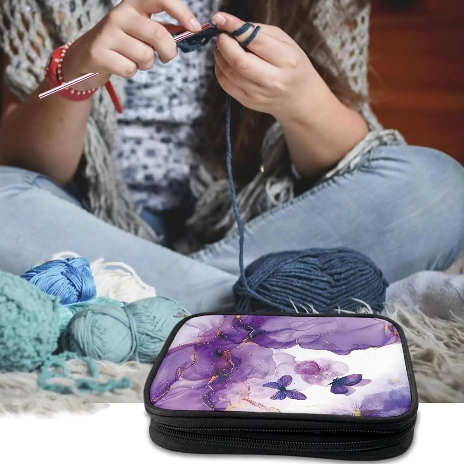 Vanideaoty Butterfly Crochet Hook Case Portable Marble Crochet Hook Organizer Without Hooks and Accessories Crochet Storage Organizer for Airports and Parks