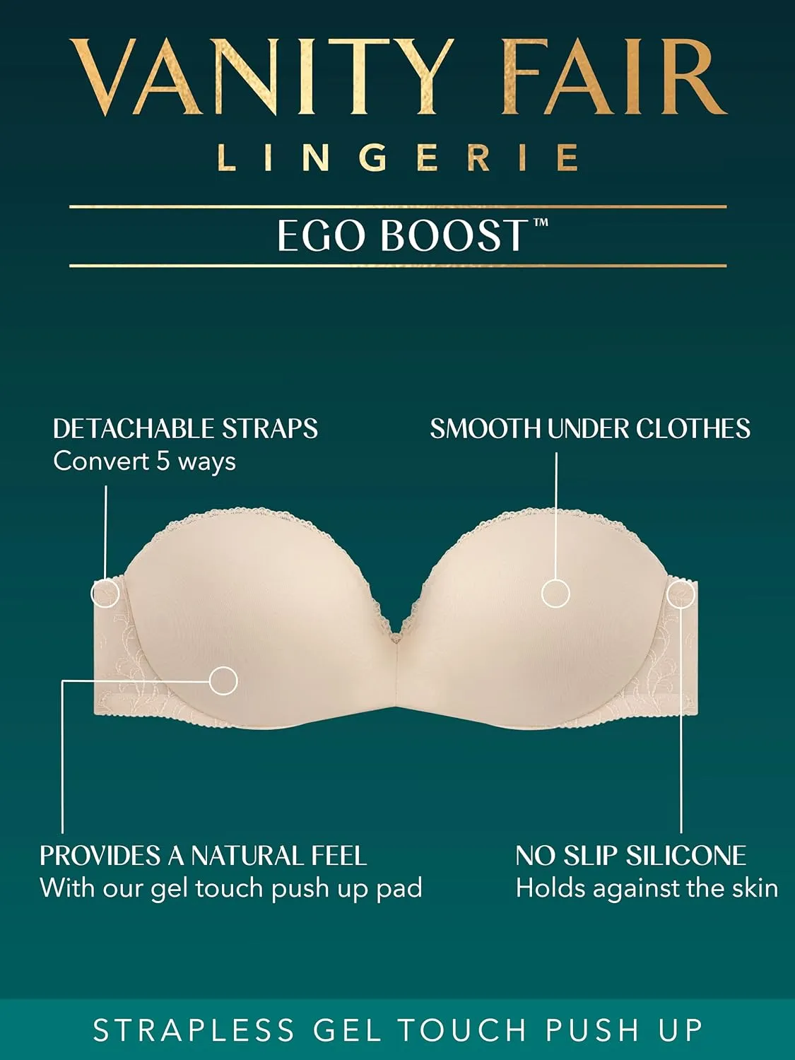 Vanity Fair Women's Gel Touch Padded Strapless Push Up Bra (32A - 38D)