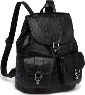 VASCHY Backpack Purse for Women, Fashion Faux Leather Buckle Flap Drawstring Backpack for College with Two Front Pockets Black