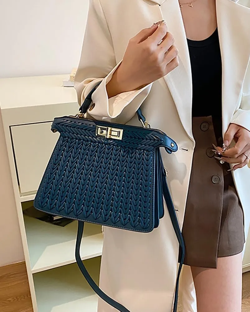 Vegan Leather Tote Bags for Women Woven Small Crossbody Shoulder Purse Trendy Top Handle Handbags Buckle Satchels