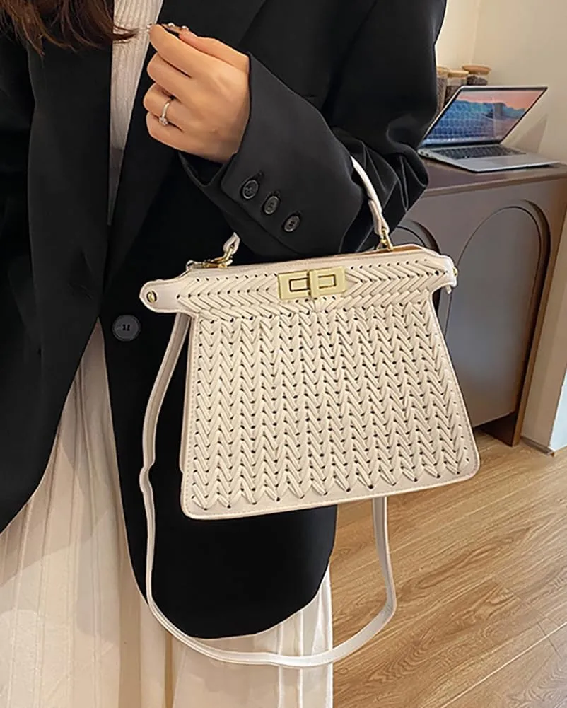 Vegan Leather Tote Bags for Women Woven Small Crossbody Shoulder Purse Trendy Top Handle Handbags Buckle Satchels