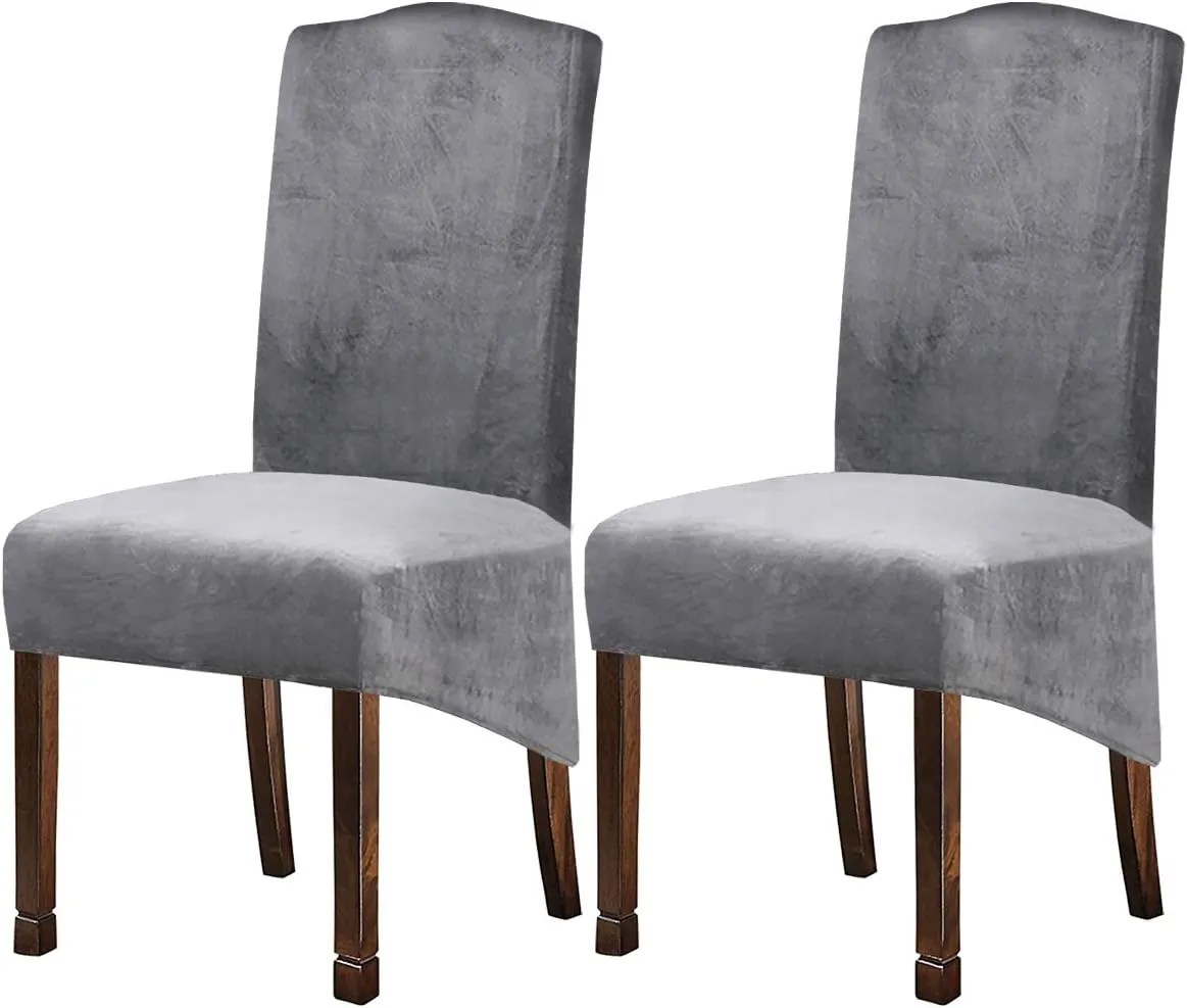 Velvet Plush XL Dining Chair Covers, Stretch Chaircover, Spandex High Chairs Protector Covers Seat Slipcover with Elastic Band for Dining Room,Wedding, Ceremony, Banquet (Silver Grey, Set of 2)