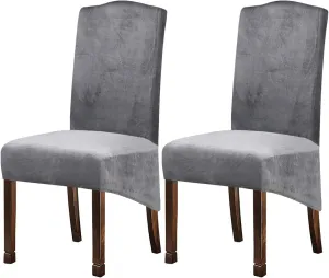 Velvet Plush XL Dining Chair Covers, Stretch Chaircover, Spandex High Chairs Protector Covers Seat Slipcover with Elastic Band for Dining Room,Wedding, Ceremony, Banquet (Silver Grey, Set of 2)