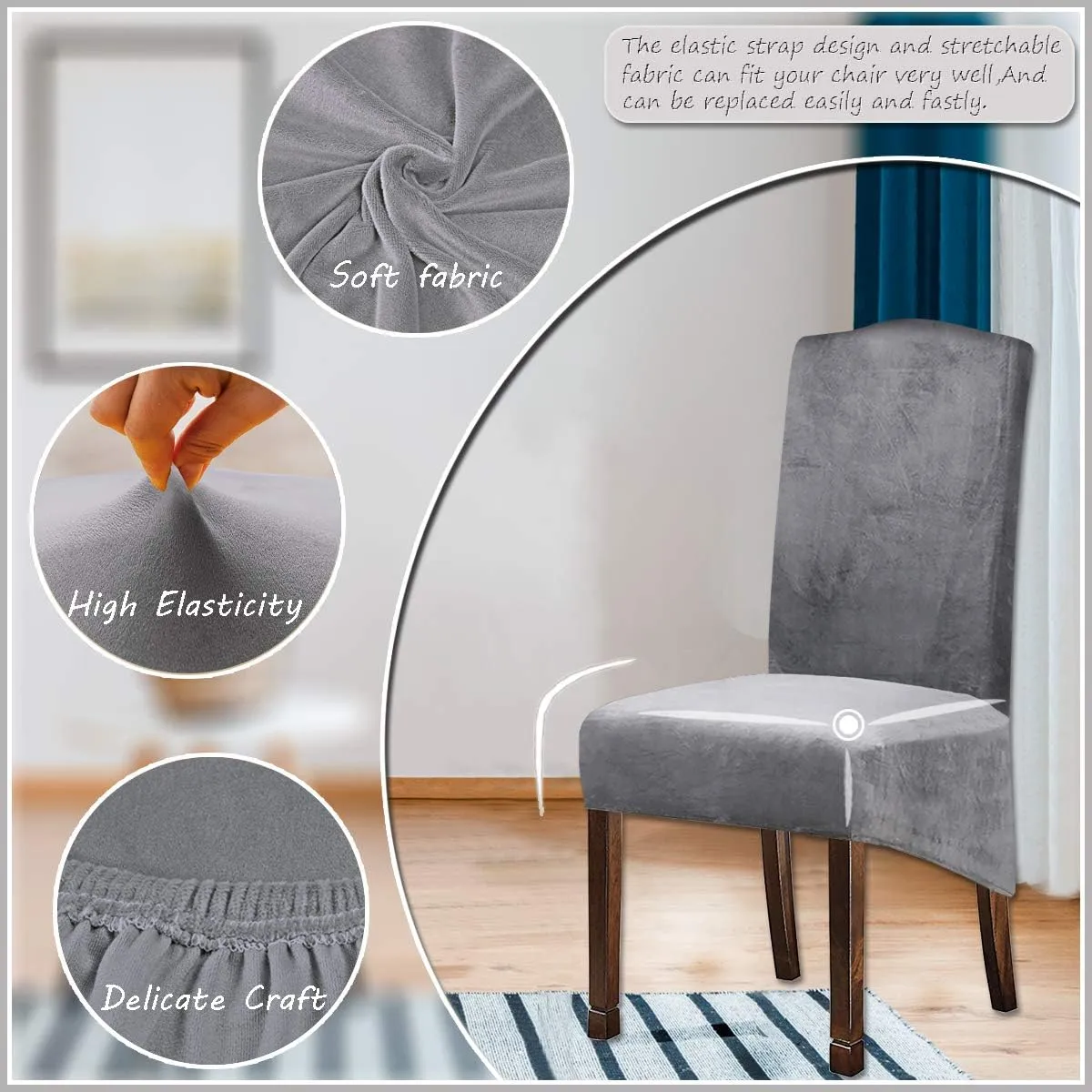Velvet Plush XL Dining Chair Covers, Stretch Chaircover, Spandex High Chairs Protector Covers Seat Slipcover with Elastic Band for Dining Room,Wedding, Ceremony, Banquet (Silver Grey, Set of 2)
