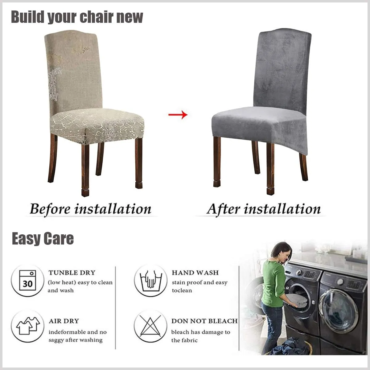 Velvet Plush XL Dining Chair Covers, Stretch Chaircover, Spandex High Chairs Protector Covers Seat Slipcover with Elastic Band for Dining Room,Wedding, Ceremony, Banquet (Silver Grey, Set of 2)