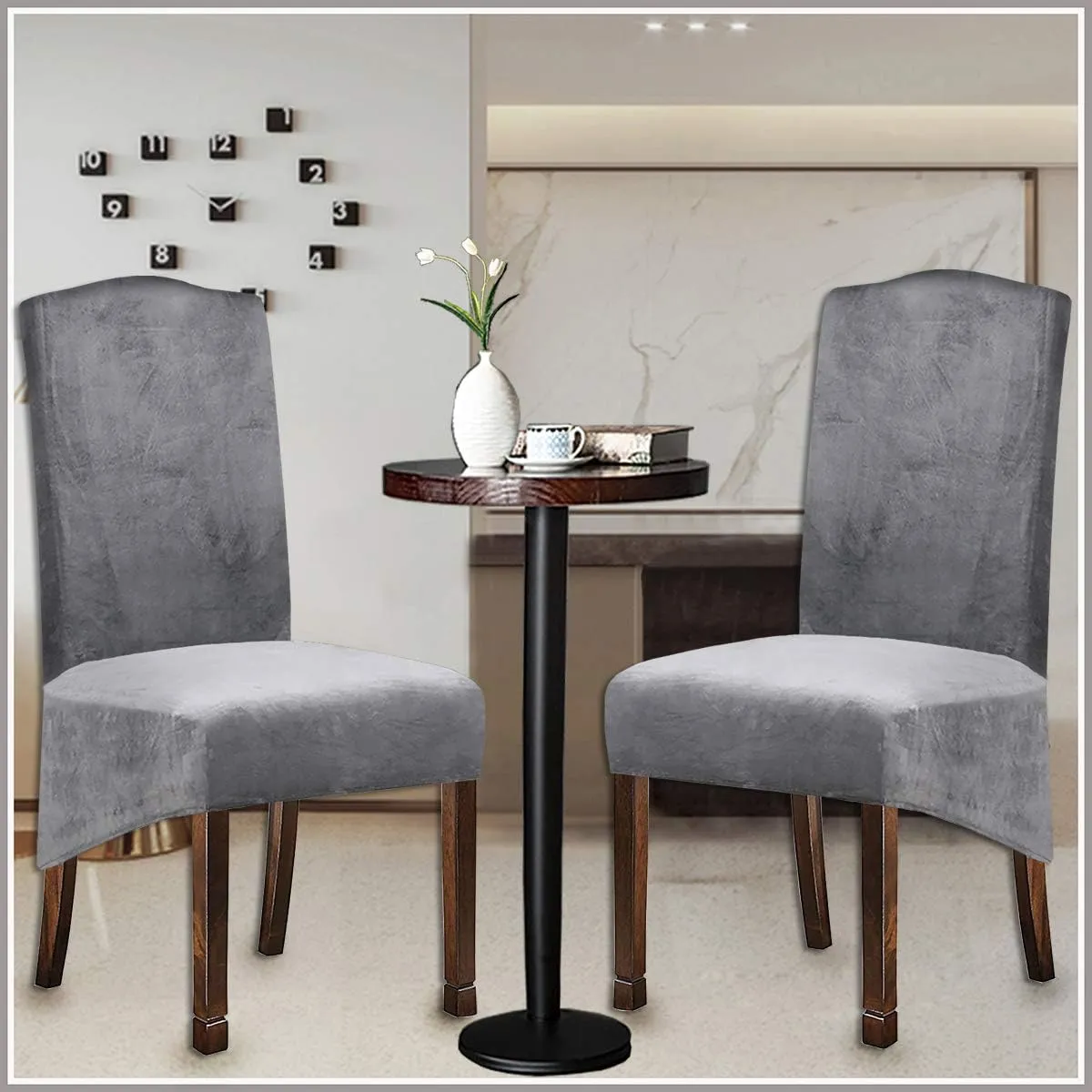 Velvet Plush XL Dining Chair Covers, Stretch Chaircover, Spandex High Chairs Protector Covers Seat Slipcover with Elastic Band for Dining Room,Wedding, Ceremony, Banquet (Silver Grey, Set of 2)