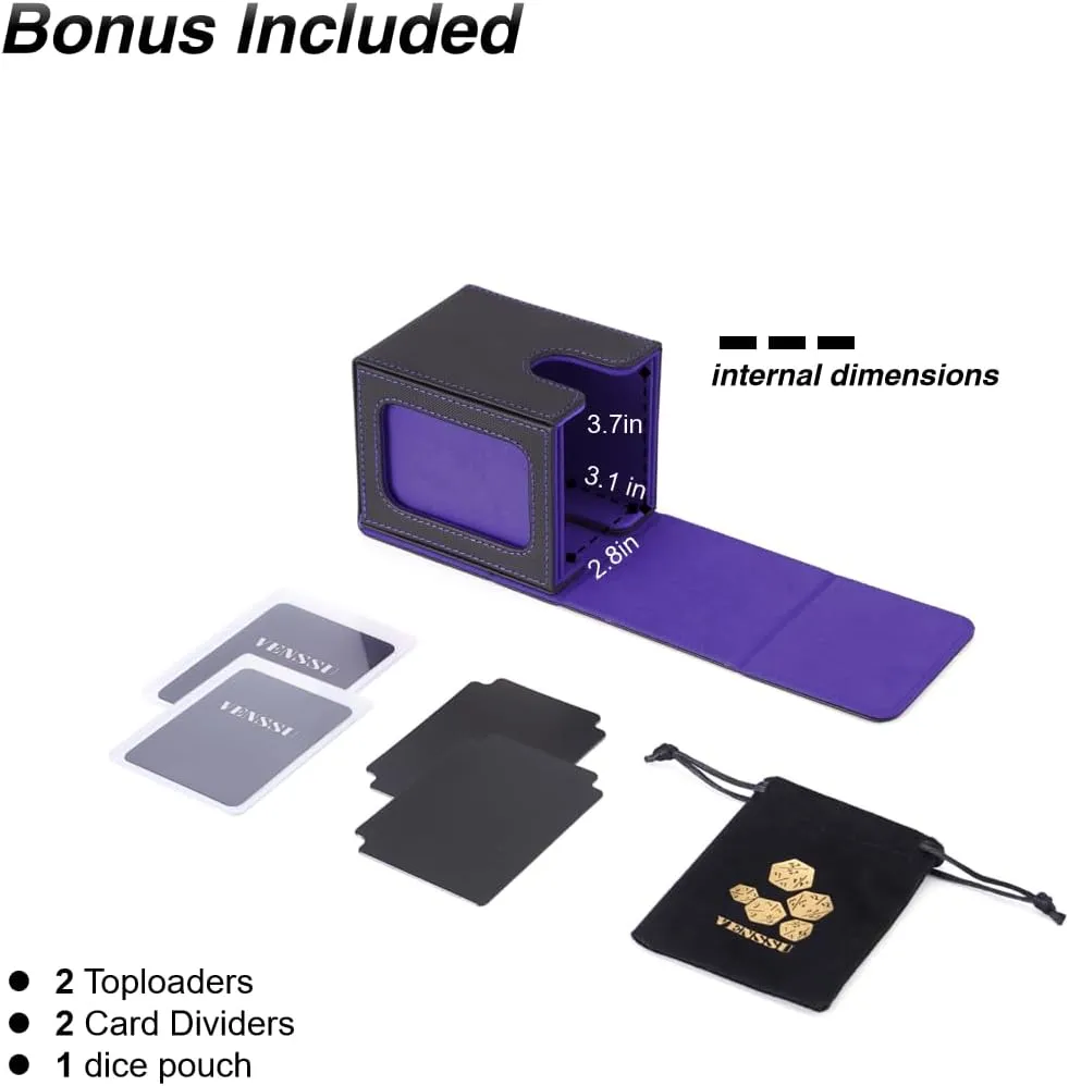 Venssu MTG Deck Box for Commander Card Display,2 windows Card Deck Case Fits 100 Double Sleeved Cards, TCG Storage Box with 2 Dividers,2 Toploaders and 1 Dice Pouch (Black and Purple)