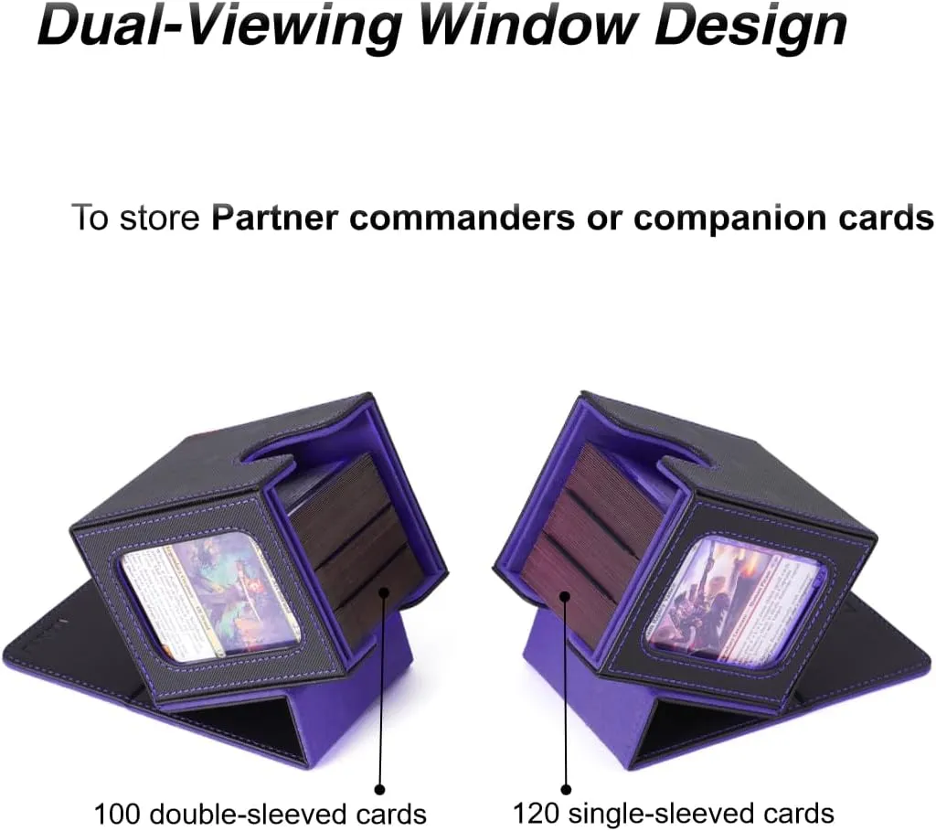Venssu MTG Deck Box for Commander Card Display,2 windows Card Deck Case Fits 100 Double Sleeved Cards, TCG Storage Box with 2 Dividers,2 Toploaders and 1 Dice Pouch (Black and Purple)