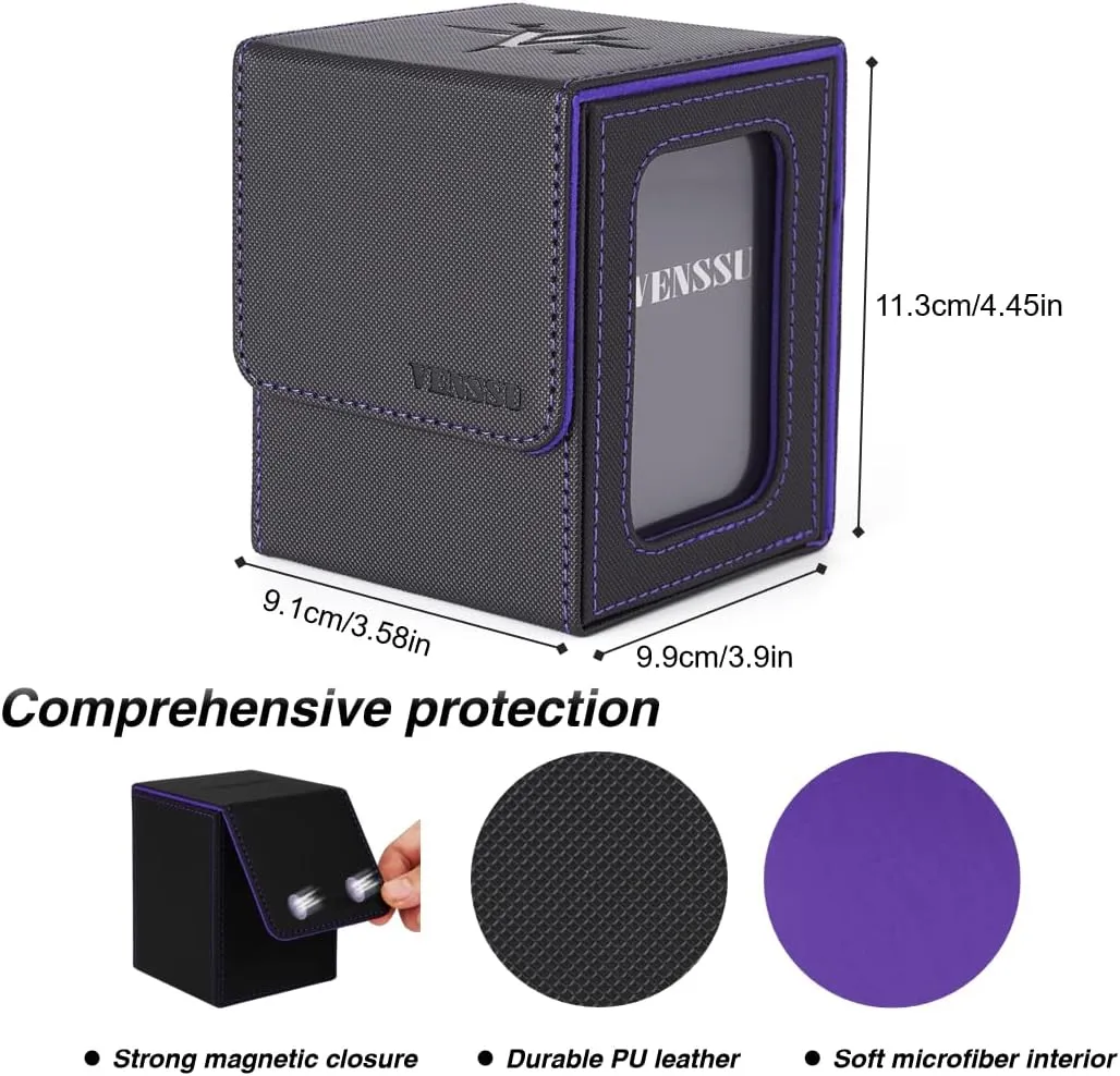 Venssu MTG Deck Box for Commander Card Display,2 windows Card Deck Case Fits 100 Double Sleeved Cards, TCG Storage Box with 2 Dividers,2 Toploaders and 1 Dice Pouch (Black and Purple)