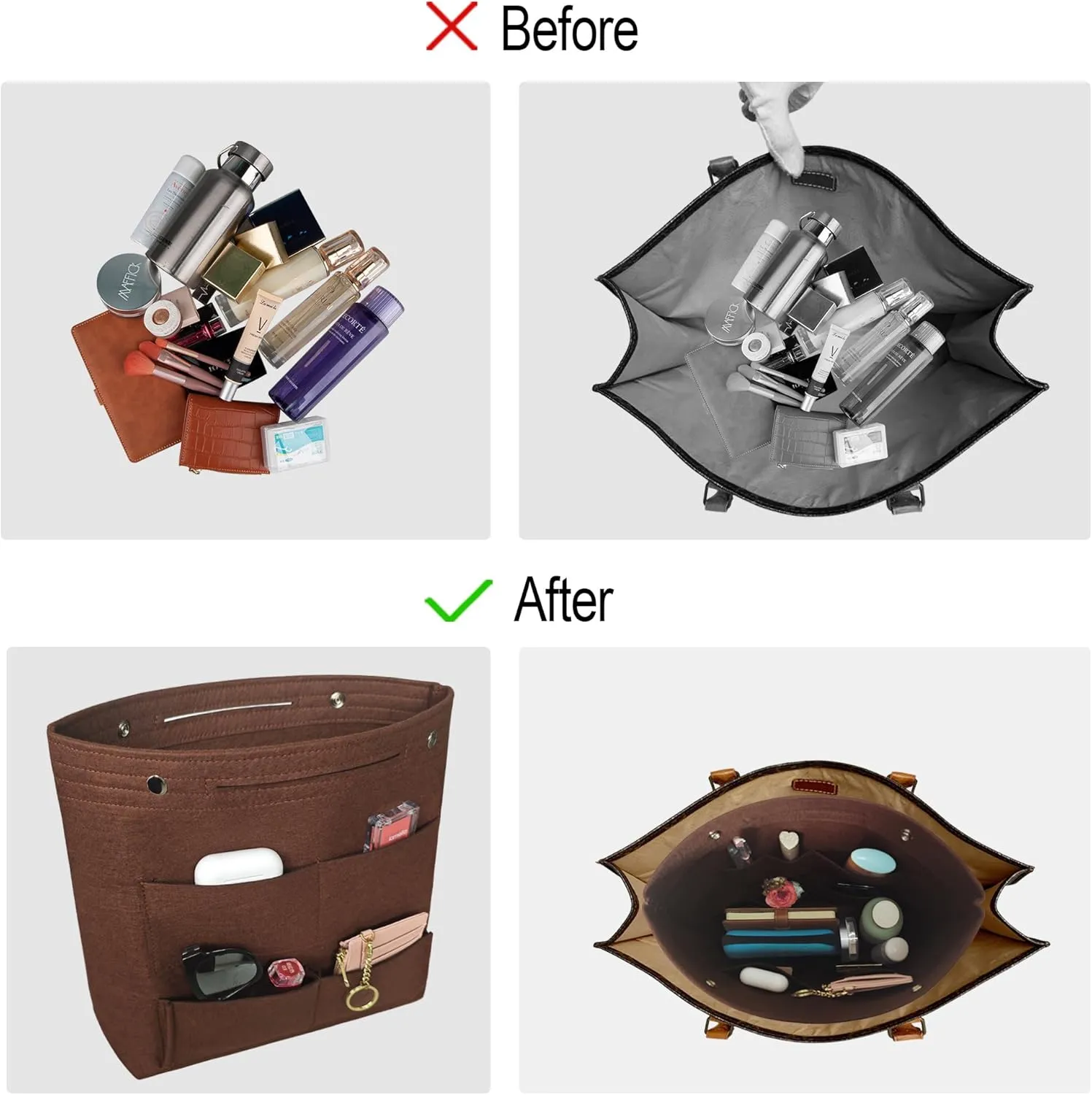 Vercord Extra Tall Felt Bag Organizer Vertical Height Design for Deep Tote and Backpack Bags Brown
