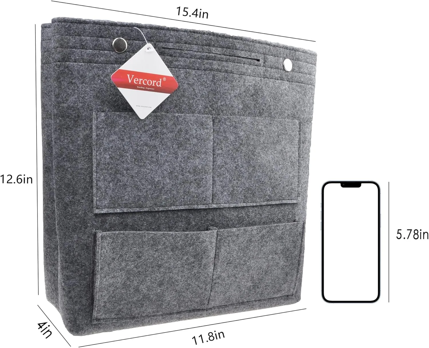 Vercord Extra Tall Felt Bag Organizer Vertical Height Design for Deep Tote and Backpack Bags Grey