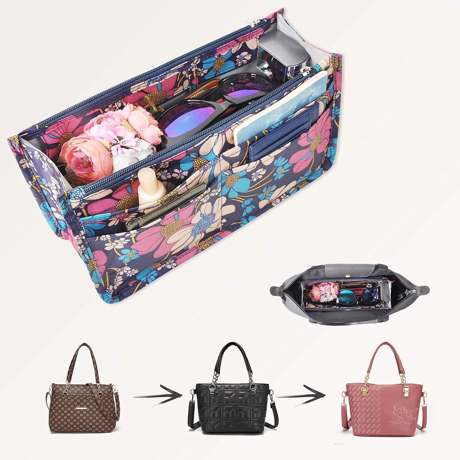 Vercord Patterned Purse Handbag Tote Pocketbook Bag Organizer Insert with Zipper Handle for Women Large Flowers