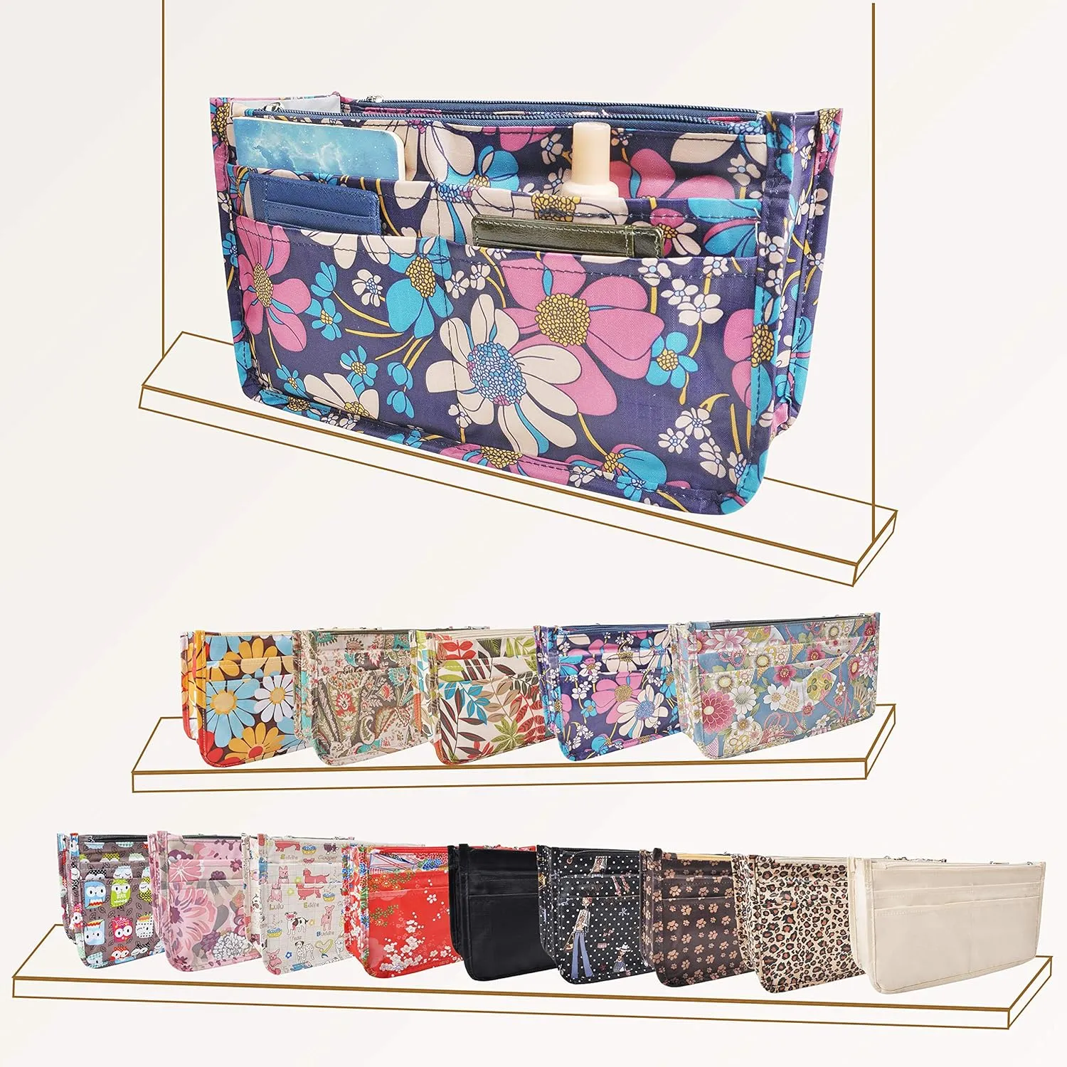 Vercord Patterned Purse Handbag Tote Pocketbook Bag Organizer Insert with Zipper Handle for Women Large Flowers
