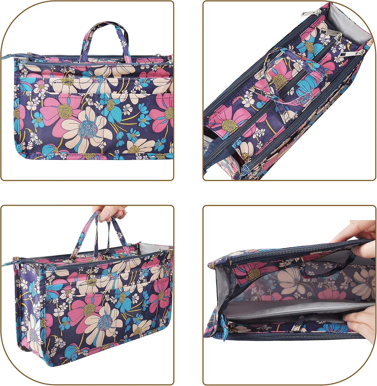 Vercord Patterned Purse Handbag Tote Pocketbook Bag Organizer Insert with Zipper Handle for Women Large Flowers