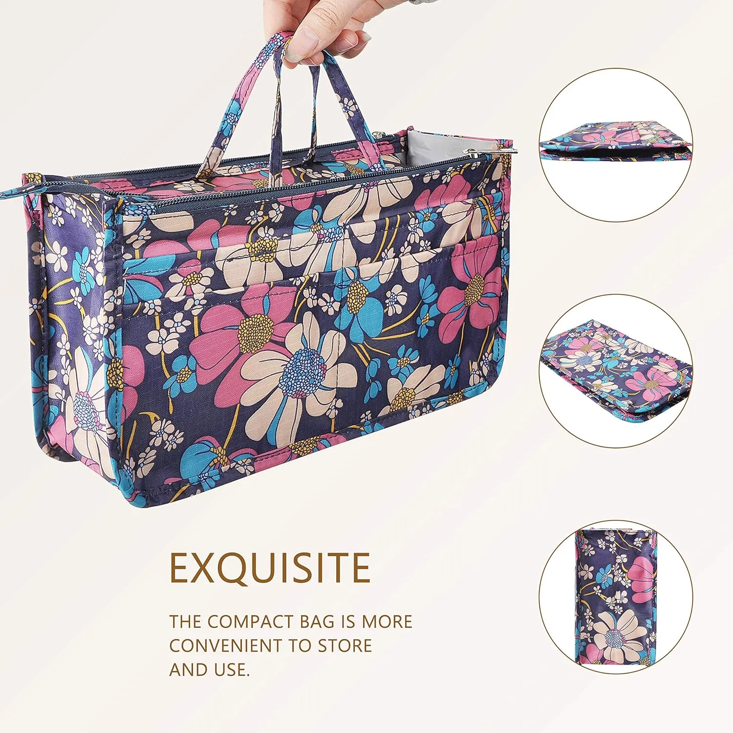 Vercord Patterned Purse Handbag Tote Pocketbook Bag Organizer Insert with Zipper Handle for Women Large Flowers