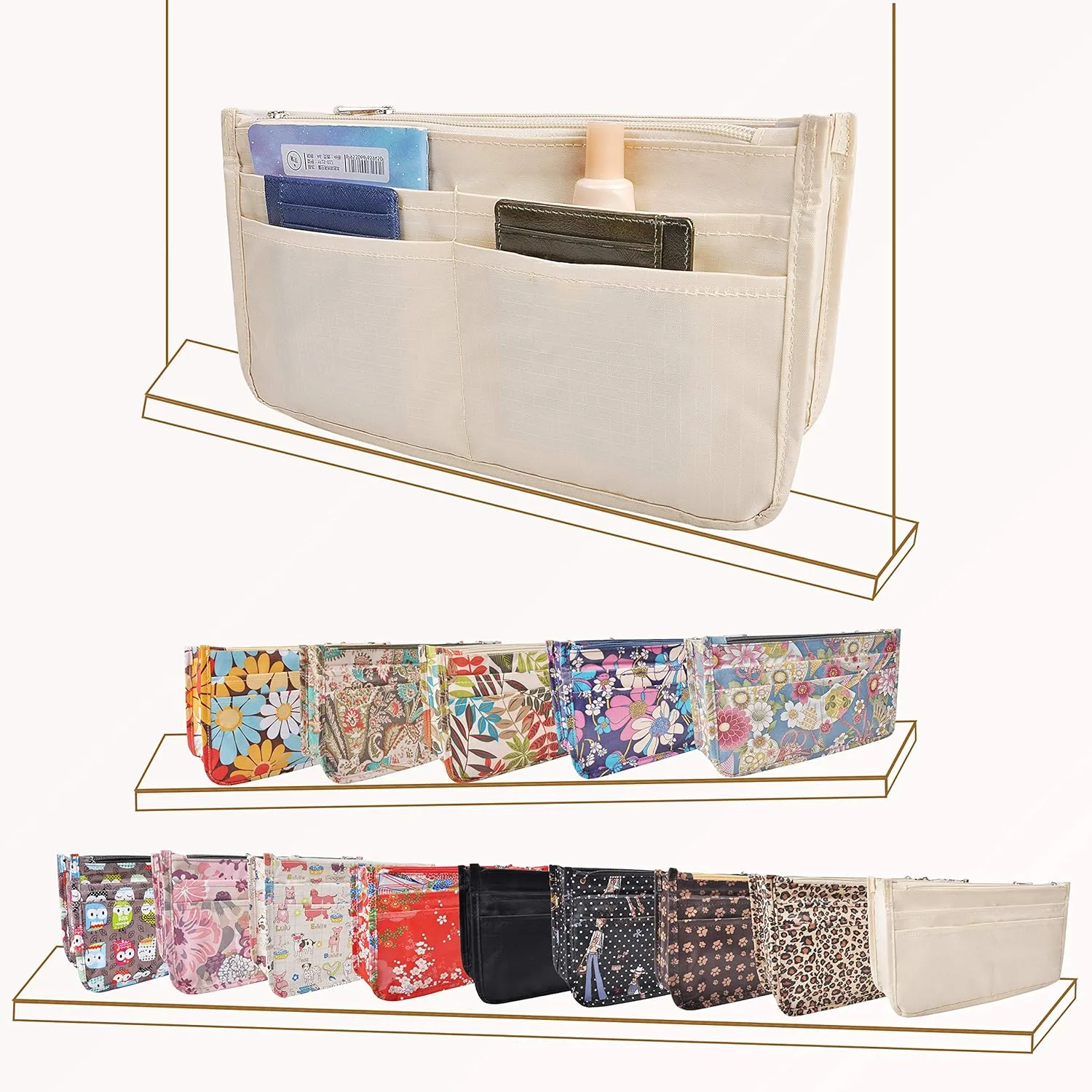 Vercord Patterned Purse Handbag Tote Pocketbook Bag Organizer Insert with Zipper Handle for Women Large Milky Beige