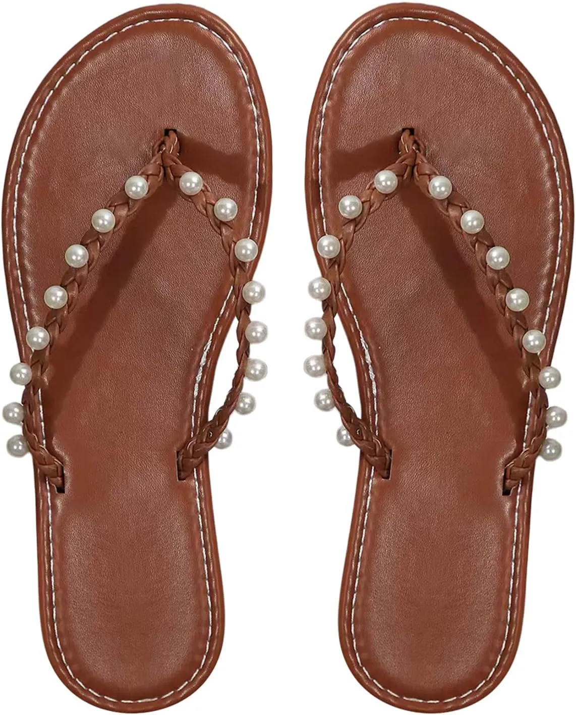 Verdusa Women's Faux Pearl Braided Flip Flops Open Toe Flat Leather Sandals