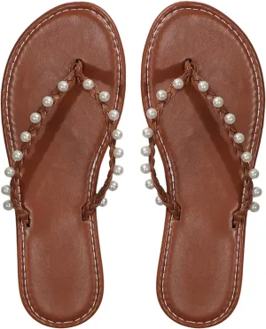 Verdusa Women's Faux Pearl Braided Flip Flops Open Toe Flat Leather Sandals