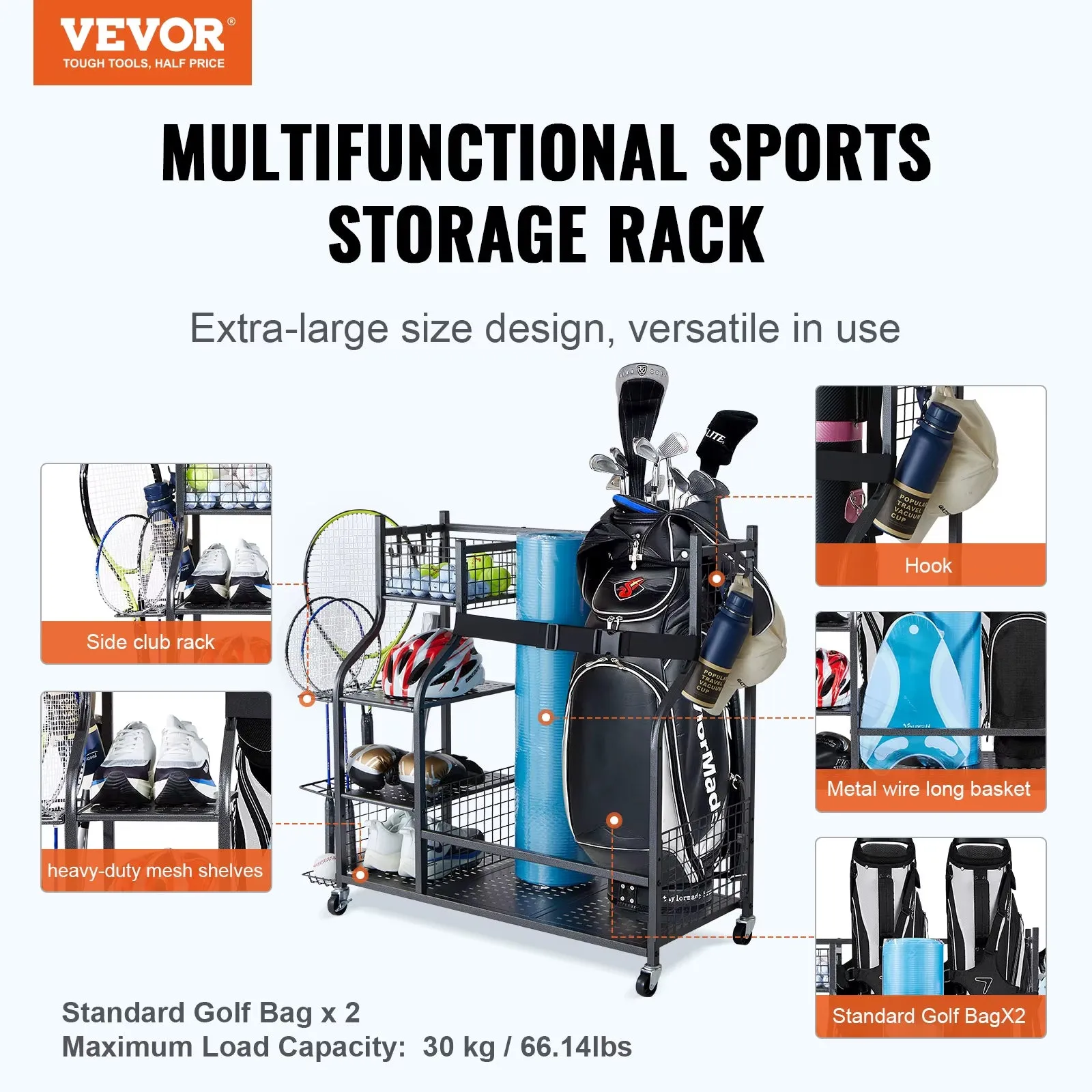 VEVOR Golf Storage Garage Organizer Other Sports Equipment Storage Rack Outdoor Sport Gear and Toy Storage with Baskets & Hooks