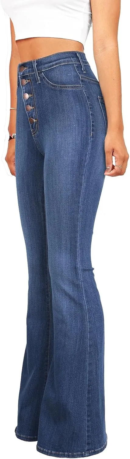 Vibrant Women’s Flare Denim Jeans – High Waisted Button Up Bell Bottom Stretch Classic Flared Pants
