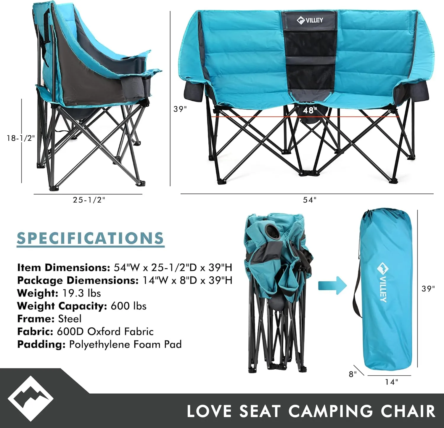 VILLEY Double Camping Chair w/Cooler Bag, Extra Wide Loveseat, Heavy Duty Padded Camping Couch, Portable Folding Chair w/Carry Bag Steel Frame Cup Holders for Camp Lawn Picnic Sports, Support 600LBS