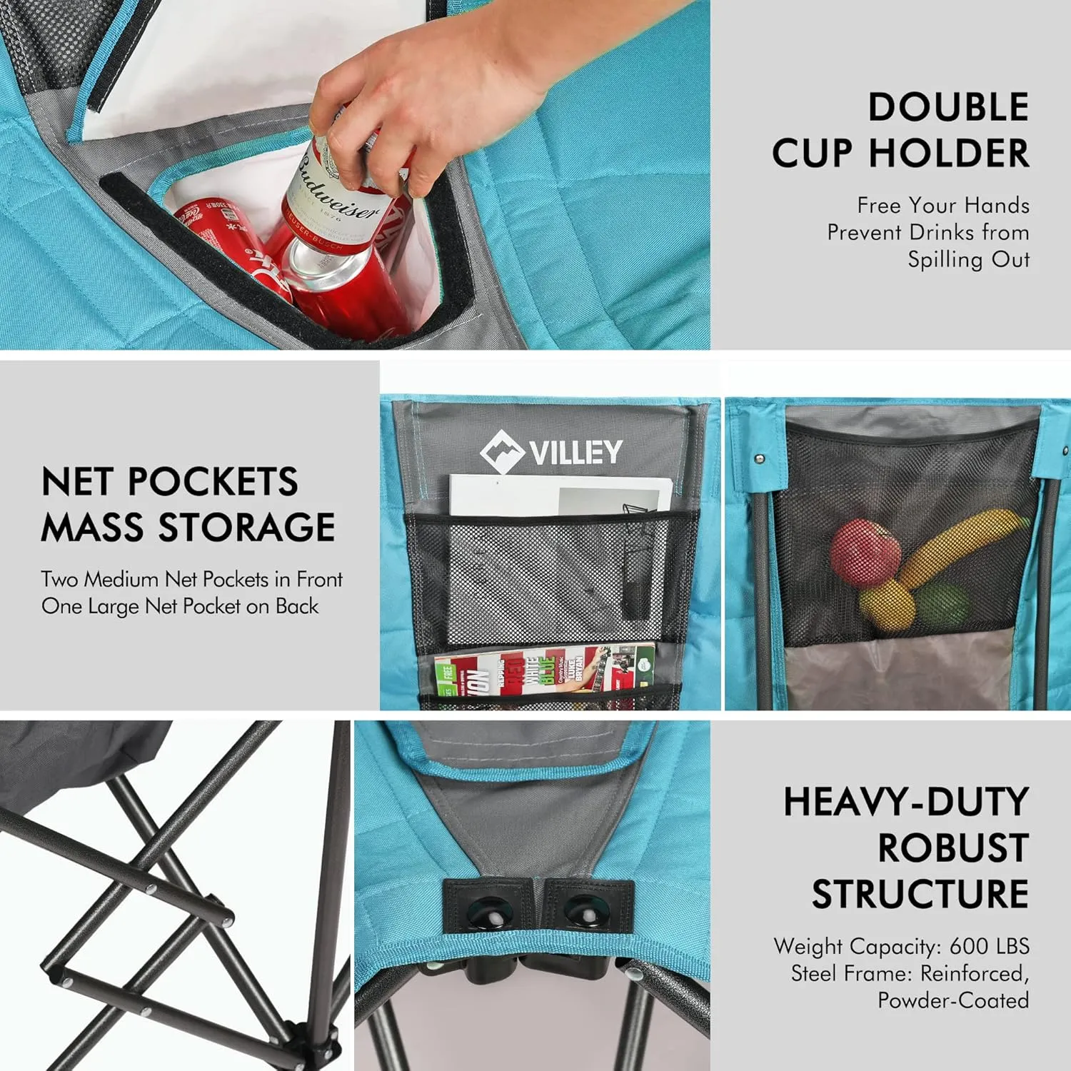 VILLEY Double Camping Chair w/Cooler Bag, Extra Wide Loveseat, Heavy Duty Padded Camping Couch, Portable Folding Chair w/Carry Bag Steel Frame Cup Holders for Camp Lawn Picnic Sports, Support 600LBS