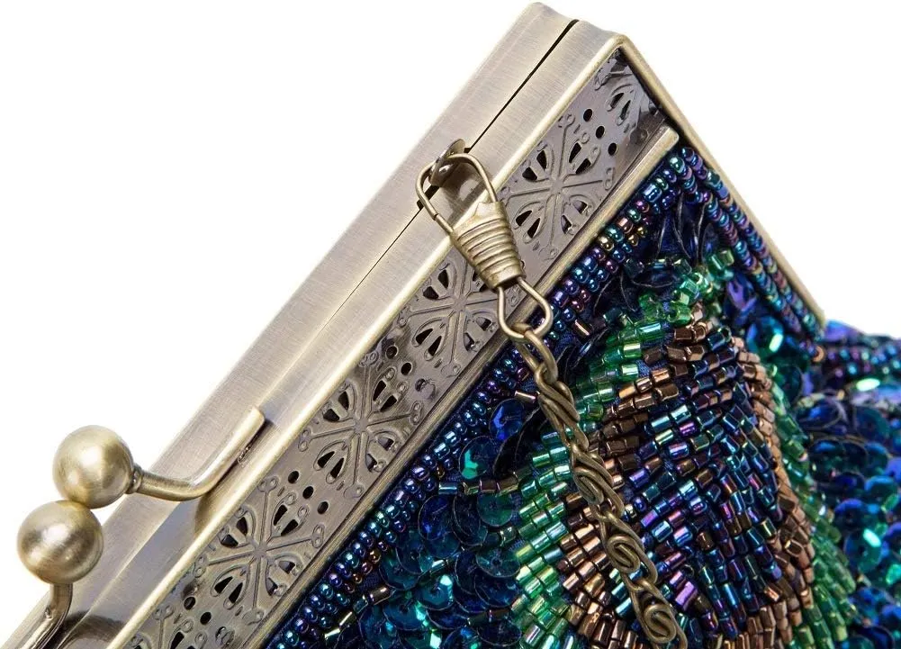 Vintage Beaded Sequin Peacock Clutch Purse Evening Bags (Blue)