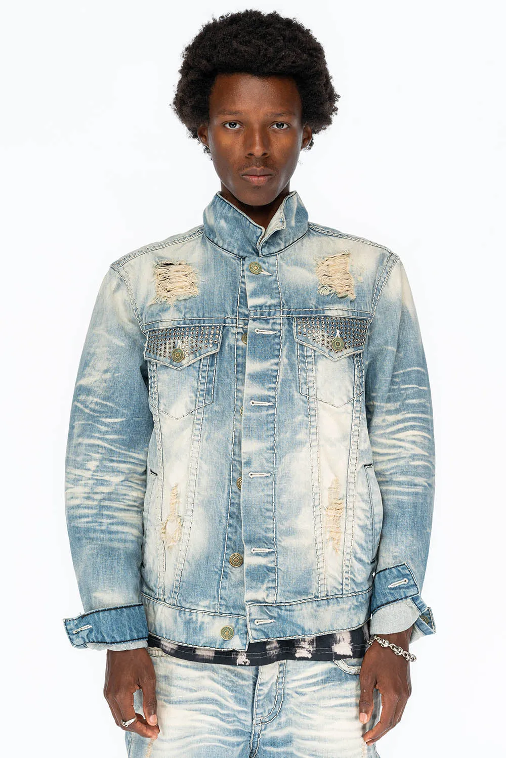 VINTAGE INDIGO DISTRESSED ,RIPPED JEAN JKT WITH WHITE CONTRAST STICH IN OMAHA BROKEN WASH WITH CRYSTALS
