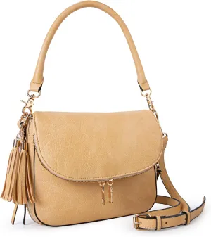 Viva Terry Flap Handbags for Women Vegan Leather Crossbody Bag Tassel Shoulder Bag with Top Handle and Adjustable Strap