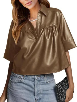 Vivitulip Women’s Short Sleeve Faux Leather T-Shirt Loose Fit V Neck PU Leather Summer Crop Going Out Tops