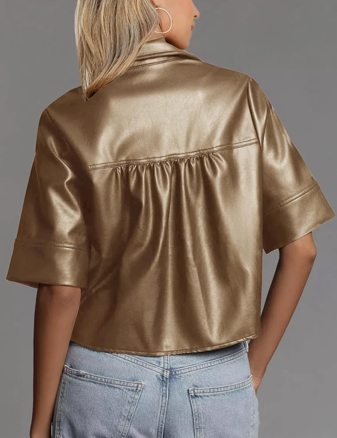 Vivitulip Women’s Short Sleeve Faux Leather T-Shirt Loose Fit V Neck PU Leather Summer Crop Going Out Tops