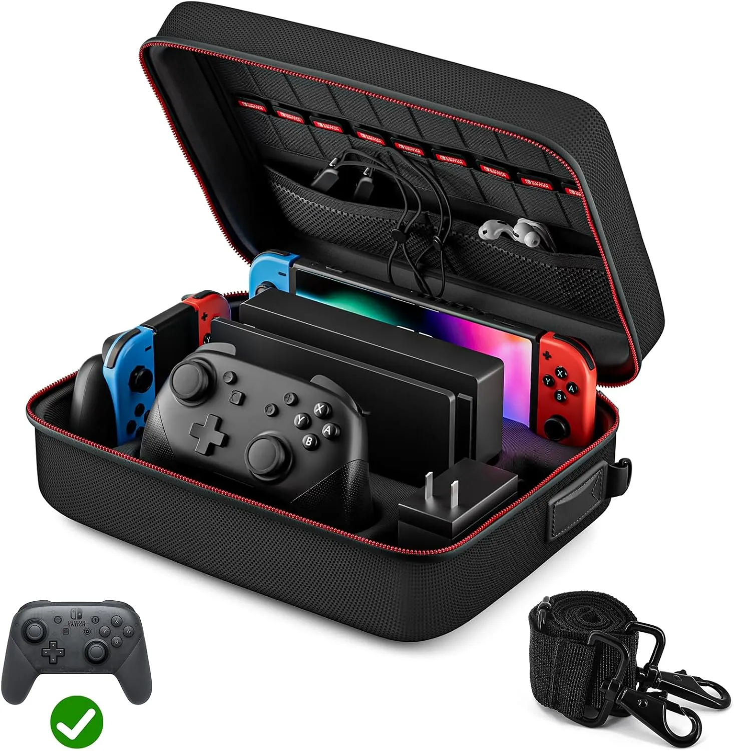 VORI Switch Case for Nintendo Switch & OLED - Portable Hard Shell Travel Storage Bag with Pro Controller Accessories, Black