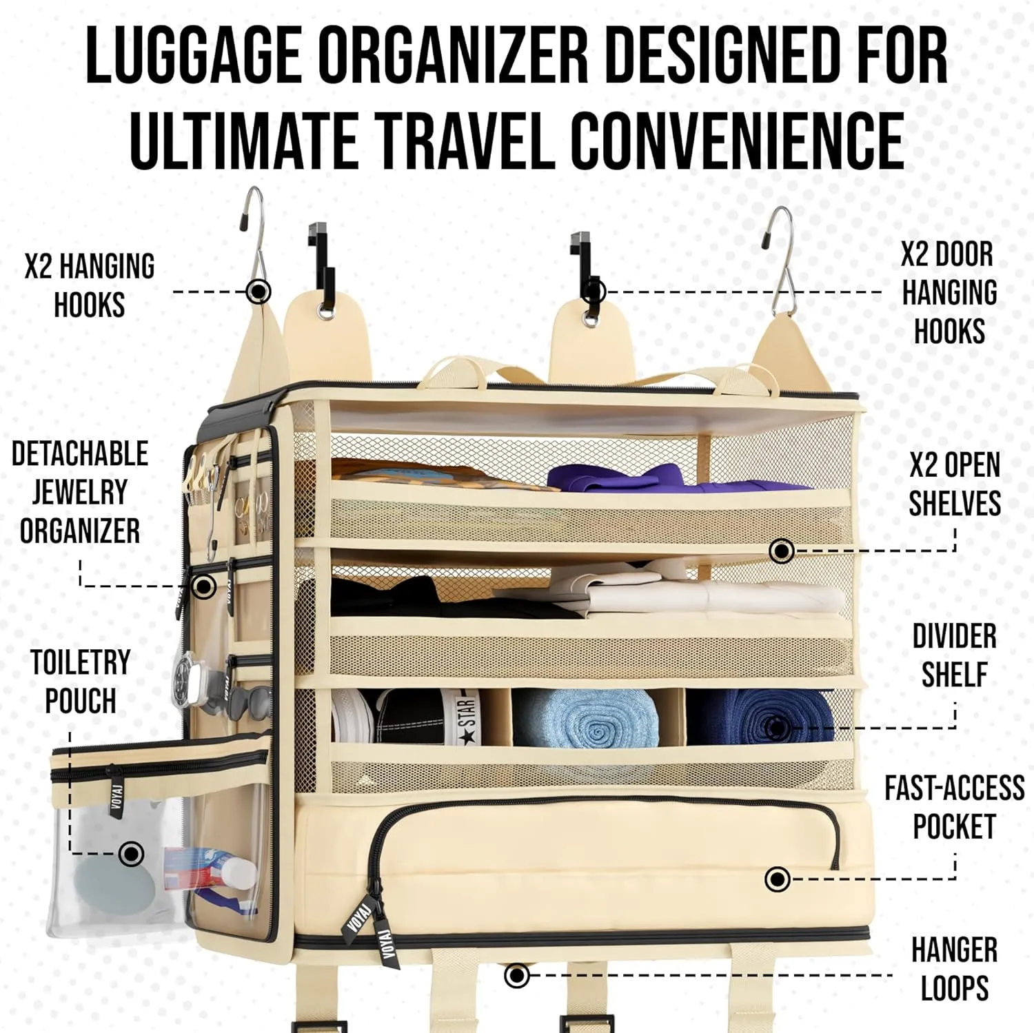 Voyaj Hanging Suitcase Organizer for Travel - Carry On Closet, Luggage Organizers, Travel Organizer - Easily Fits Carry On for Wrinkle Free Packing