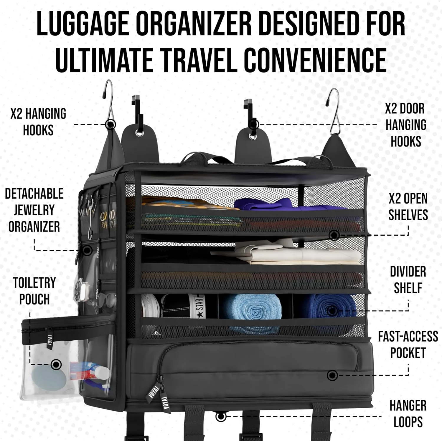 Voyaj Hanging Suitcase Organizer for Travel - Carry On Closet, Luggage Organizers, Travel Organizer - Easily Fits Carry On for Wrinkle Free Packing
