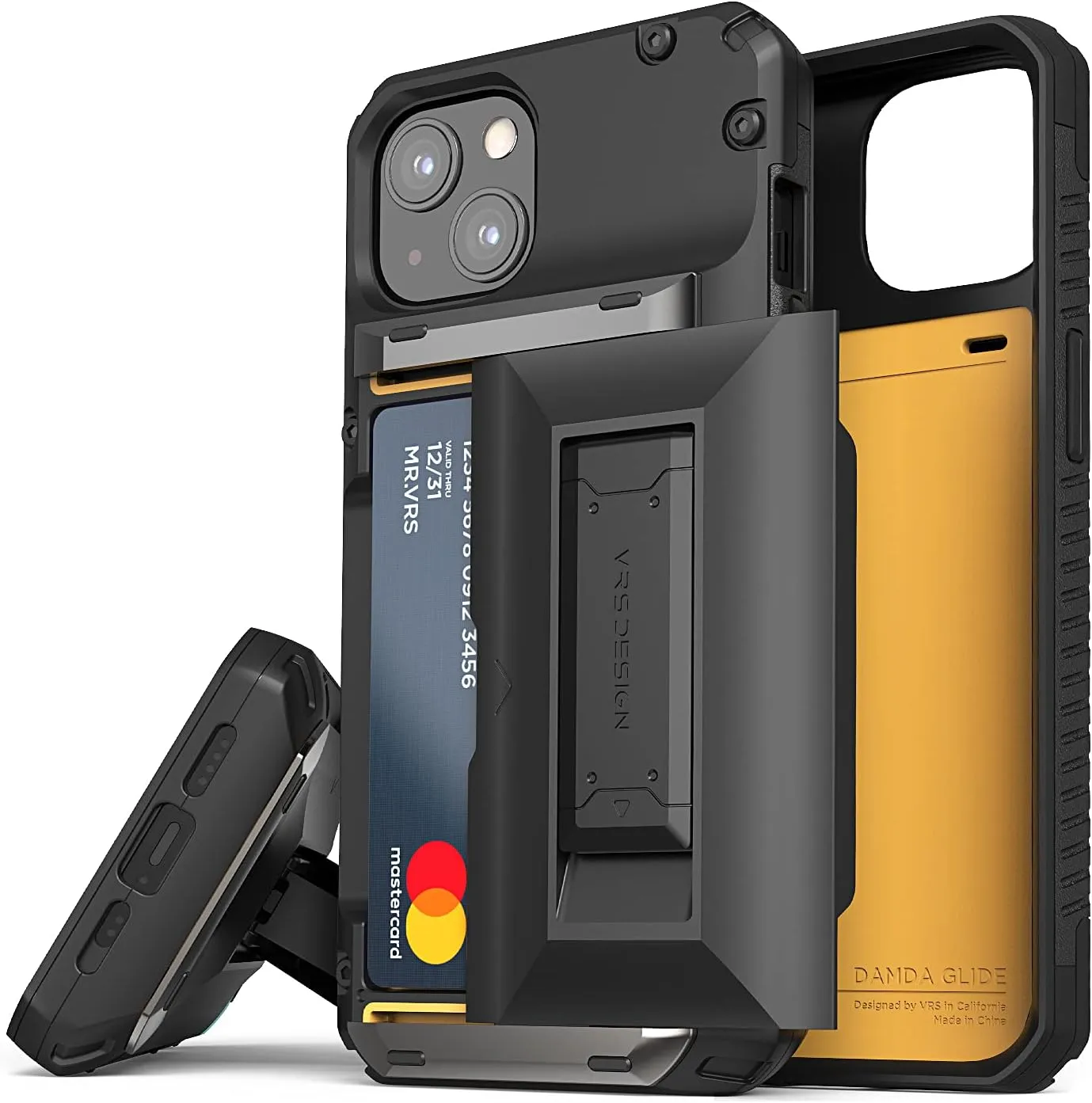 VRS DESIGN Compatible with iPhone 13 Case (6.1") with Card Holder & Kickstand [Damda Glide Hybrid], Sturdy Semi Auto Card Slot Wallet [4 Cards] Case, Designed for iPhone 13 (2021) Black