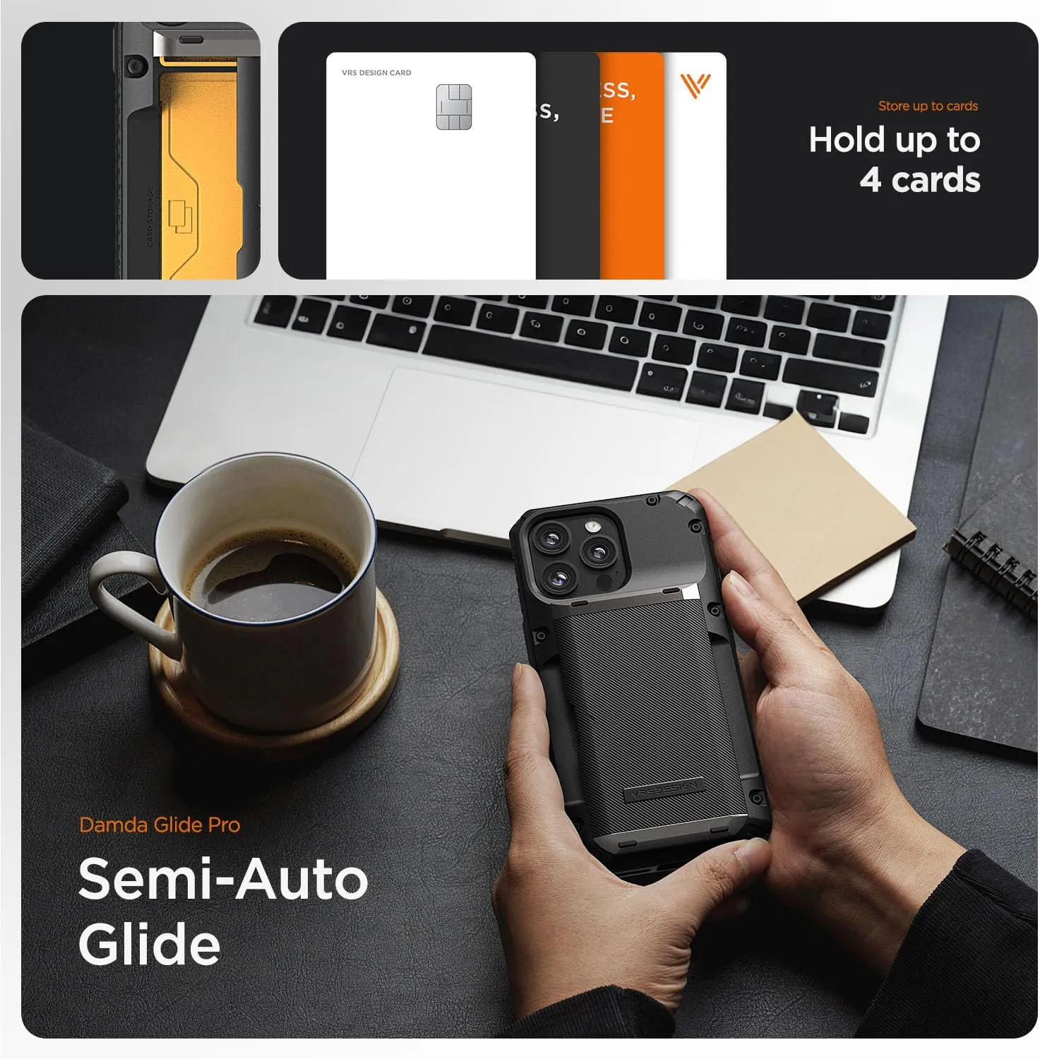 VRS DESIGN Compatible with iPhone 15 Pro Max Case with Card Holder [Damda Glide Pro], Sturdy Semi Auto 4-Card Slot, High Durability & Style Designed for iPhone 15 Pro Max (2023) Groove Black
