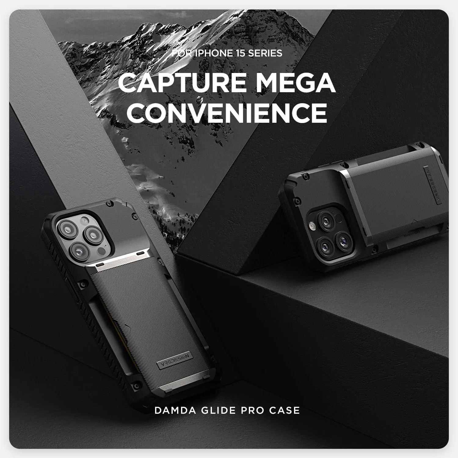 VRS DESIGN Compatible with iPhone 15 Pro Max Case with Card Holder [Damda Glide Pro], Sturdy Semi Auto 4-Card Slot, High Durability & Style Designed for iPhone 15 Pro Max (2023) Groove Black