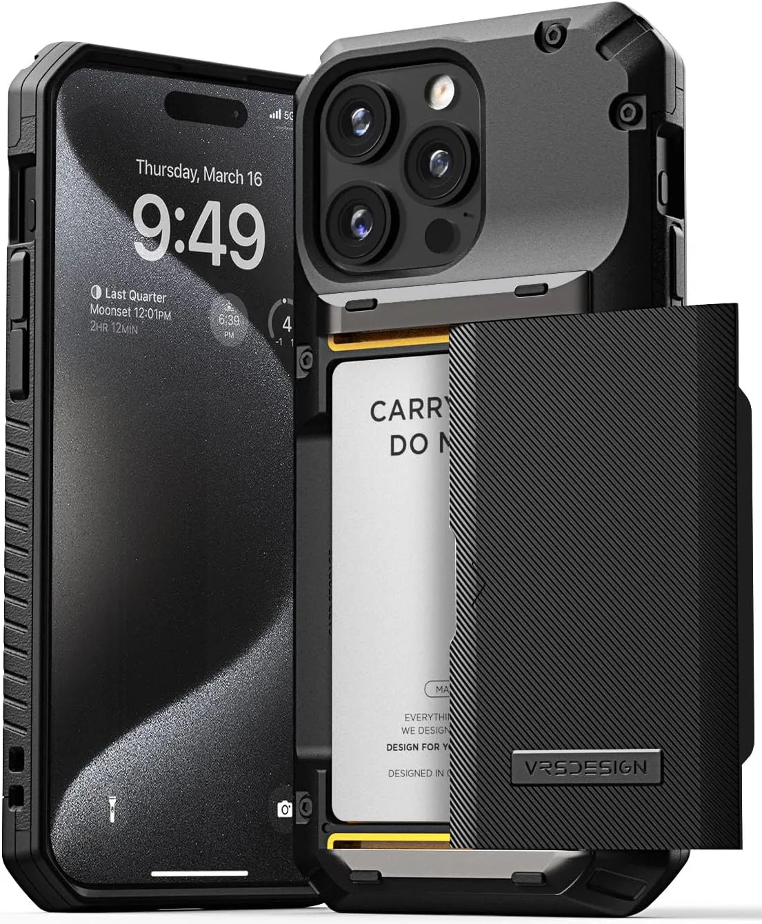 VRS DESIGN Compatible with iPhone 15 Pro Max Case with Card Holder [Damda Glide Pro], Sturdy Semi Auto 4-Card Slot, High Durability & Style Designed for iPhone 15 Pro Max (2023) Groove Black