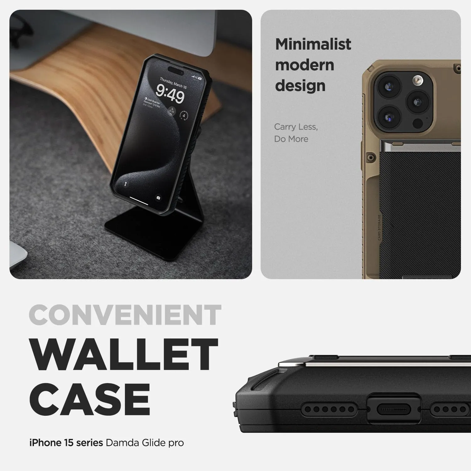 VRS DESIGN Compatible with iPhone 15 Pro Max Case with Card Holder [Damda Glide Pro], Sturdy Semi Auto 4-Card Slot, High Durability & Style Designed for iPhone 15 Pro Max (2023) Groove Black