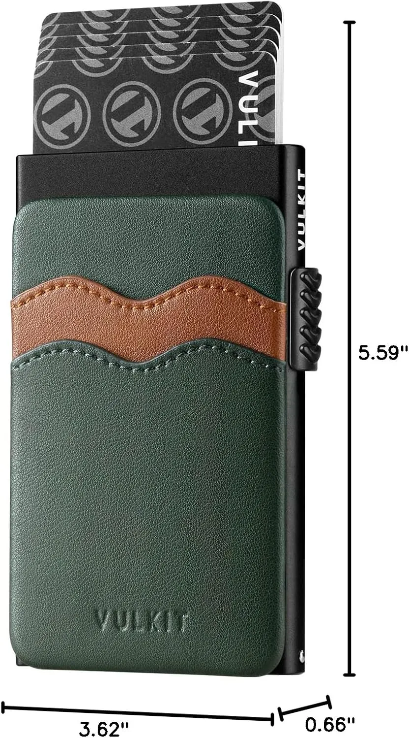 VULKIT Credit Card Holder Minimalist Slim Pop Up Wallet with Leather Slots RFID Blocking for Men and Women Holds 7 Cards and Notes Green
