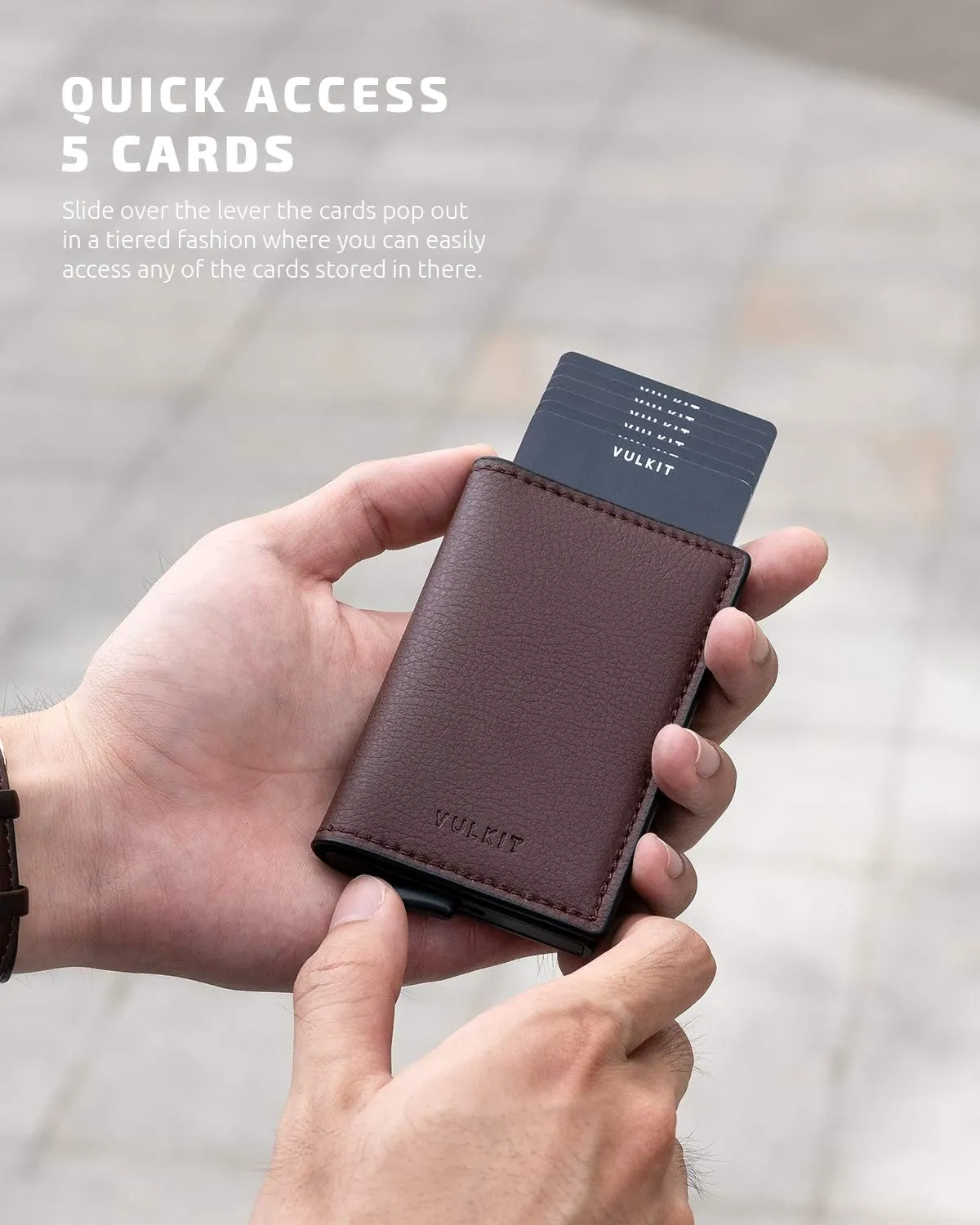 VULKIT Credit Card Holder RFID Blocking Leather Automatic Pop Up Wallet Aluminum Slim Pocket Business Card Case