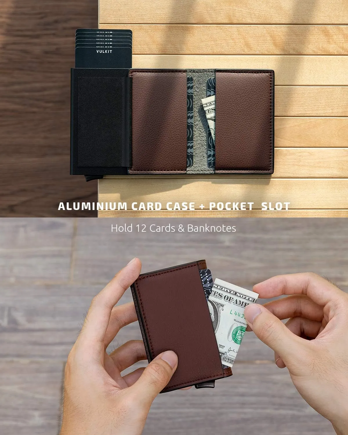 VULKIT Credit Card Holder RFID Blocking Leather Automatic Pop Up Wallet Aluminum Slim Pocket Business Card Case