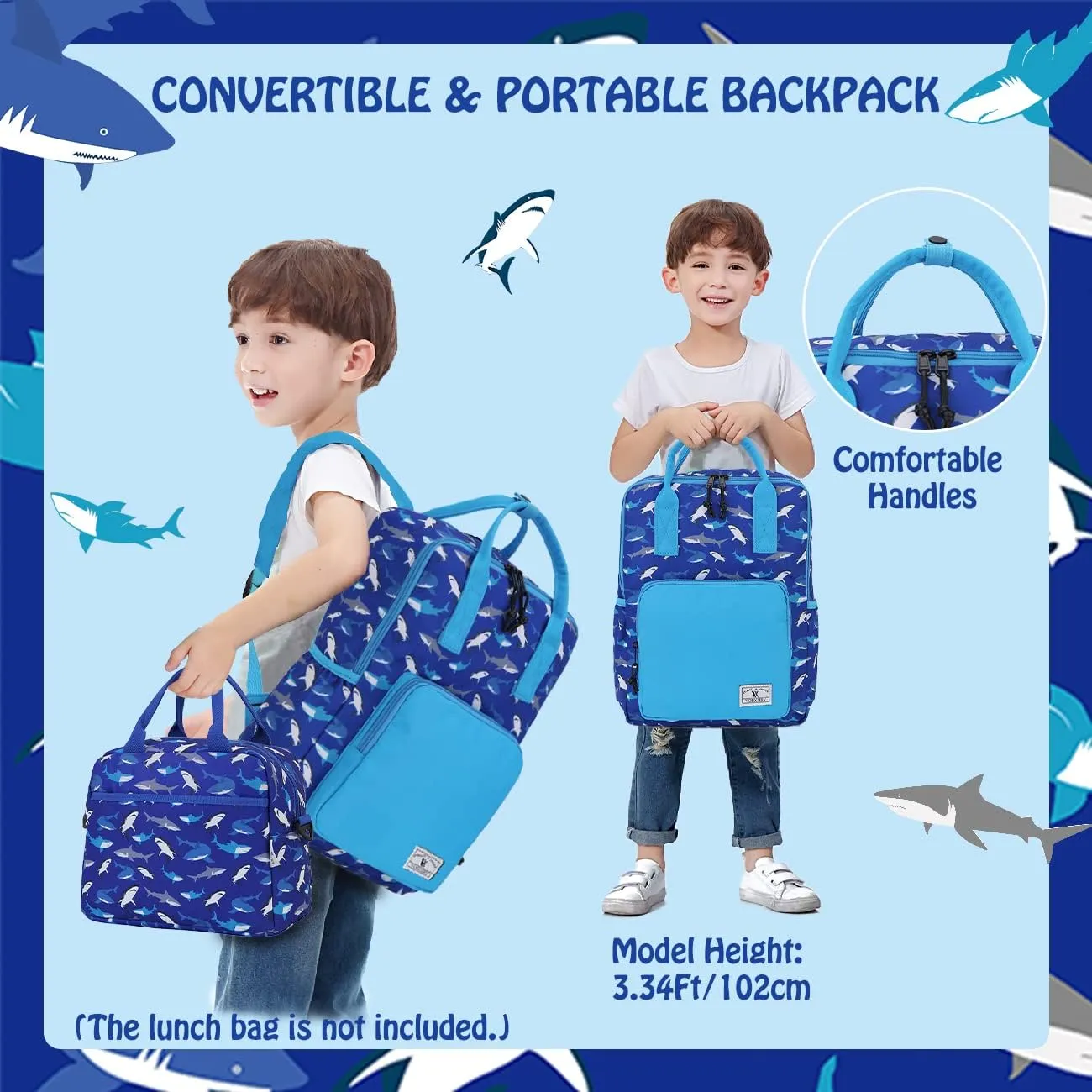 VX VONXURY School Backpack,Convertible Preschool Toddler Boys Bookbag Fits A4 Folder(Blue Shark)