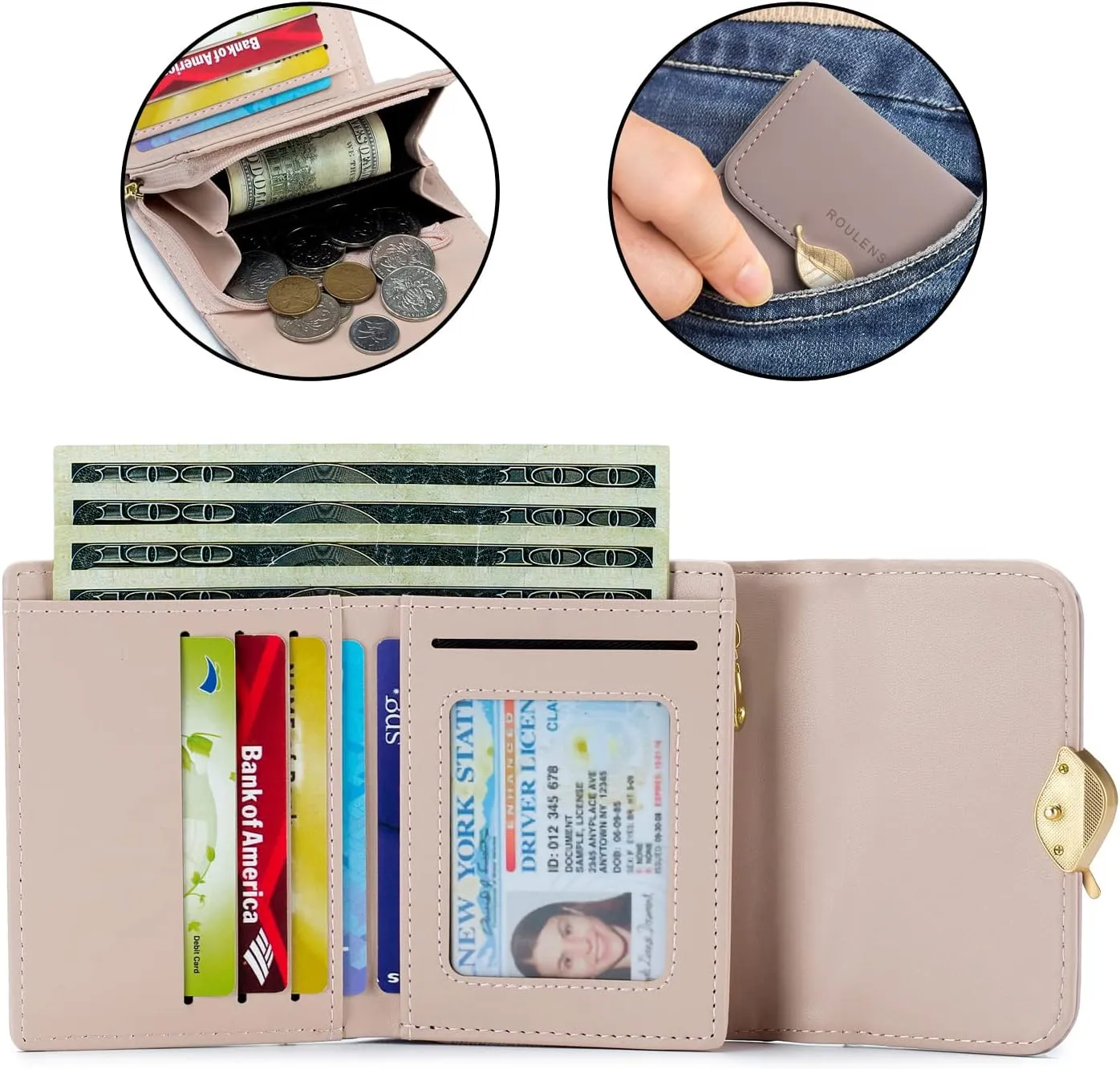 Wallet for Women RFID Blocking PU Leather Leaf Pendant Card Holder Phone Checkbook Organizer Zipper Coin Purse